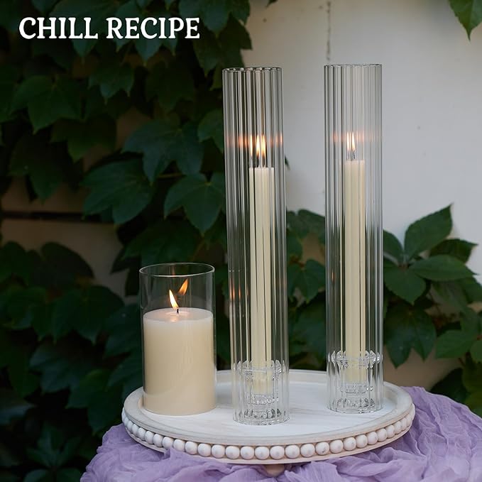 CHILL RECIPE Glass Hurricane Candlestick Holders Ribbed 12" Tall Cylinder Candle Holder Chimney Tube, Floral Taper Crystal Candle Stick Holder for Birthday Wedding Christmas Home Decor(1 Set 6Pcs)