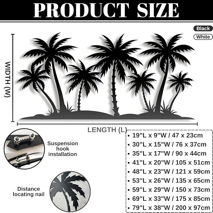 Metal Palm Tree Wall Decor,Metal Palm Tree,Palm Tree Metal Wall Art,Tropical Metal Wall Art,Beach Wall Decor,Coastal Metal Wall Art,Palm Tree Metal Wall Decor (style 2,white,69"L x 33"W/175 x 85cm)