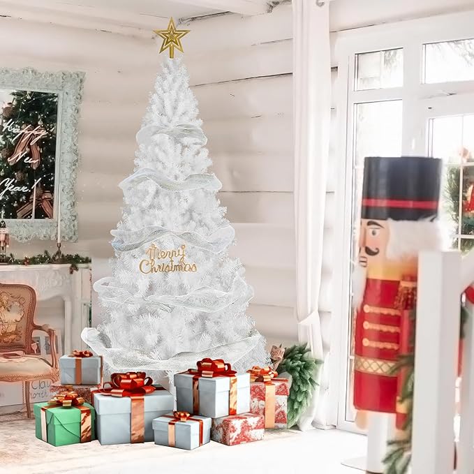 10FT Artificial Christmas Tree, Full Premium Hinged Artificial Pine Tree with 1850 Branch Tips Metal Stand for Outdoor & Indoor (White)