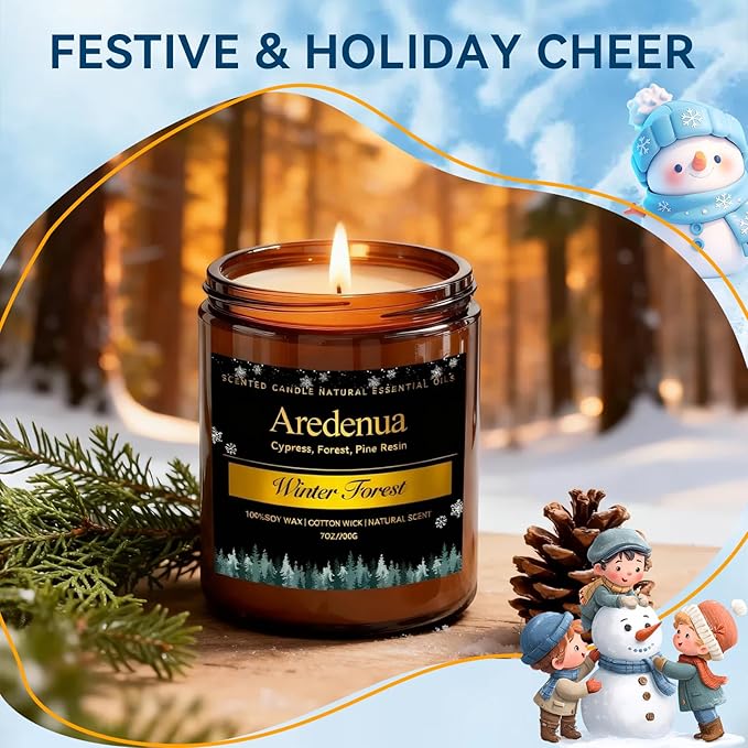 Winter Candles – Winter Forest Candle | Holiday Soy Candles for Home Scented - Cedarwood Evergreen Christmas Candle | Holiday Christmas Gifts for Women Men - 7oz Jar with 50H Clean Burn & Long Lasting