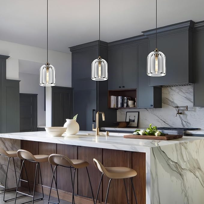 Crystal Pendant Light Kitchen Island: 5.1" Vintage Copper Hanging Lights above Dining Table - K9 Crystals Lighting over Kitchen Sink - Luxury Cylinder Pendants Light Fixtures Bulb Included for bedroom