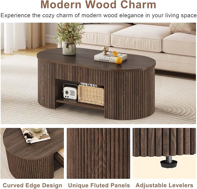 FATORRI Coffee Table with Storage, Mid Century Modern Wood Fluted Center Table with Shelf, Oval Coffee Tables with Drawer (Dark Walnut, 43.31 Inch)
