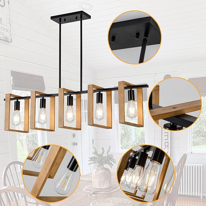 Dining Room Chandelier Farmhouse Kitchen Island Lights Ceiling Hanging 5 Lights Wood and Black Light Fixture Rustic Pendant Lighting 41.3"