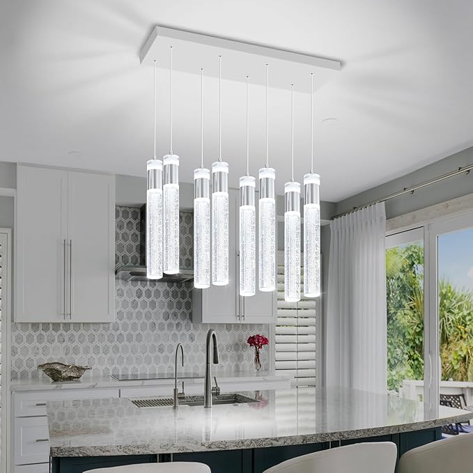 8-Lights Silver Hanging Pendant Light for Kitchen Island Modern Dimmable LED Crystal Chandeliers for Dining Room Bedroom Living Room Over Table Adjustable Height
