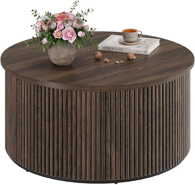 FATORRI Round Coffee Table, Fluted Woodern Center Table with Storage, Mid-Century Modern Cocktail Tables for Small Space, Living Room, Bedroom (31.5 Inch, Dark Walnut)