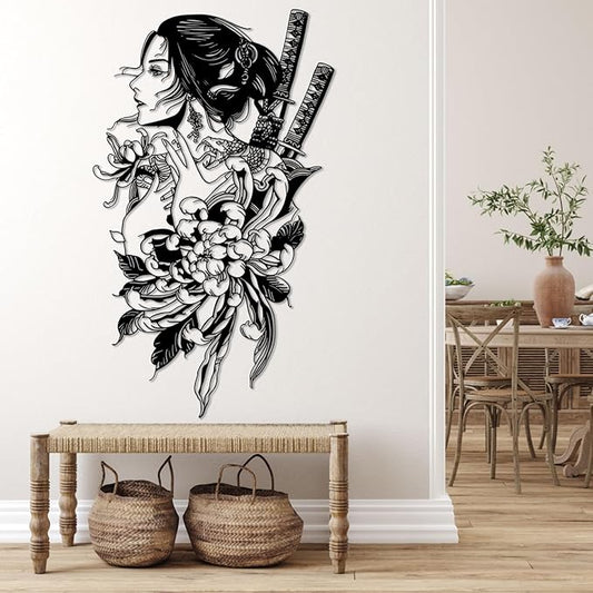 SZI Japanese Geisha Metal Wall Art, Asian Woman Design, Traditional Japanese & Asian Wall Decor for Living Room, Bedroom, or Cultural Home Decor (Black, 48"x28"|121x72cm)