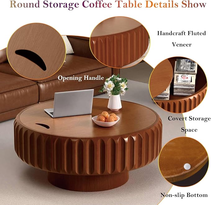 31.5" Round Drum Coffee Table with Storage Retro Rustic Center Table - Solid Wood Handcrafted Relief Veneer for Farmhouse Apartment (A Round 31.5in)