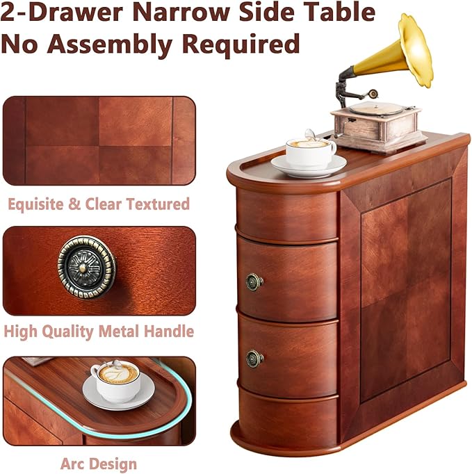 ROOMTEC Solid Wood End Table,Narrow Side Table with 2 Drawers,No Assembly,Slim Chair Side Table, Finished Back,Vintage Wood Narrow Sofa Side Table for Living Room Bedroom(2 Pack)