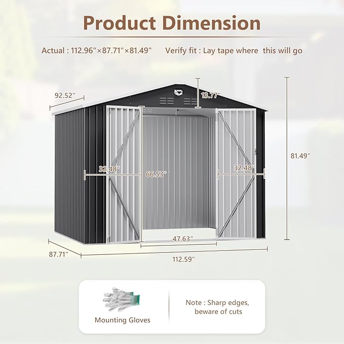 10x8 FT Outdoor Storage Shed, Metal Sheds & Outdoor Storage, Waterproof Sheds with Lockable Doors for Backyard (Black, No Window)
