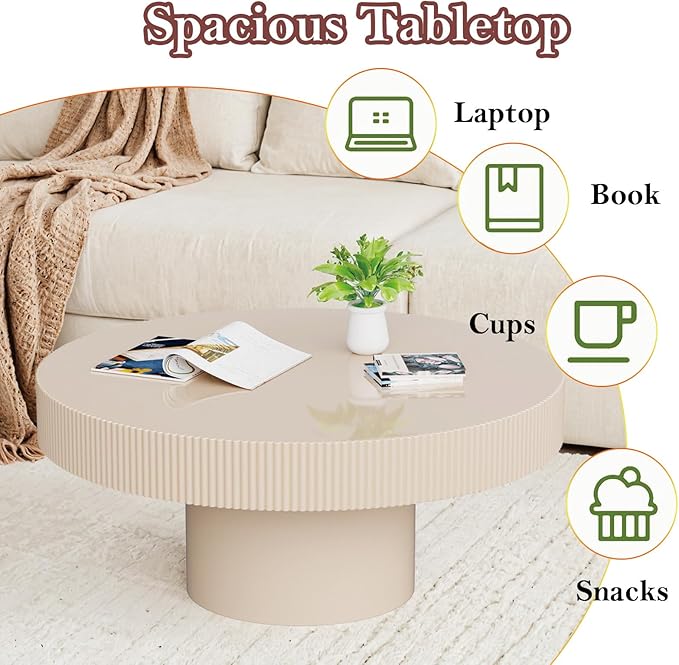 Handcrafted Round Drum Coffee Table Modern Luxury Spacious Fluted Center Table for Small Space - Home Office Apartment (White Thin)