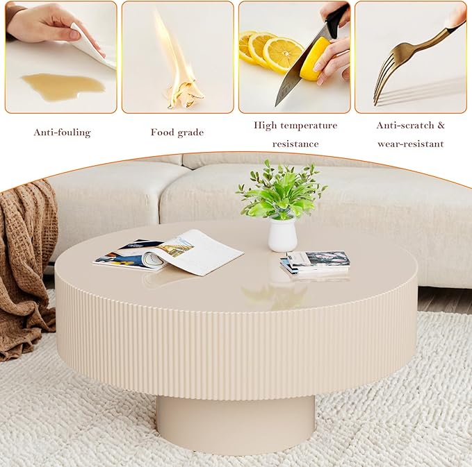 Round Drum Coffee Table, Modern Luxury Spacious Fluted Center Table for Small Space - Home Office Apartment (Lvory White)
