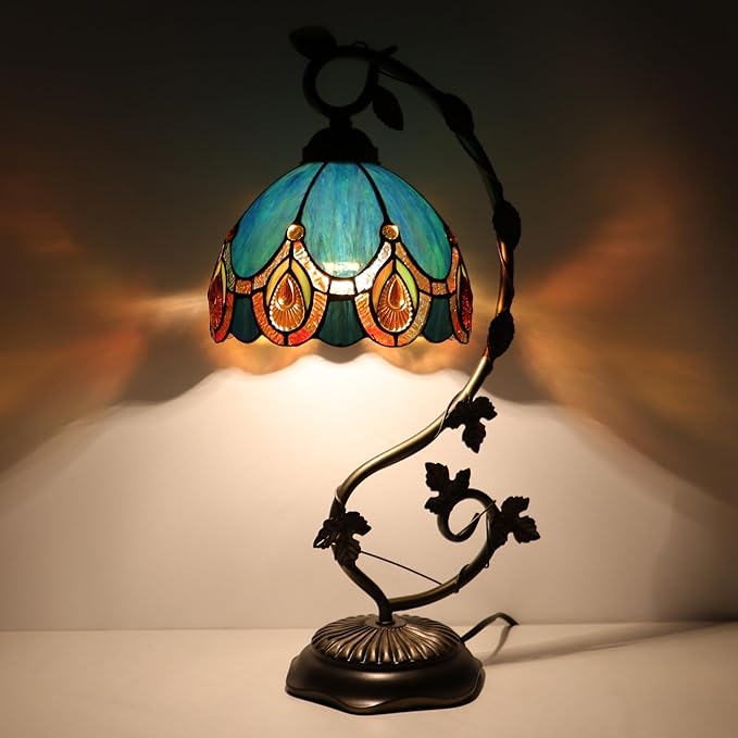 Tiffany Table Lamp, Stained Glass Desk Reading Light,Metal Leaf Table Lamp Base 8X10X21 Inches (Peacock Crystal)