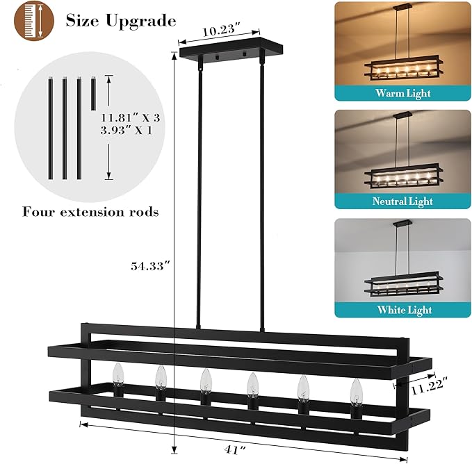 Black Chandeliers Rectangle Pendant Lights Kitchen Island Farmhouse Dining Room Light Fixtures 6-Lights Modern Chandelier for Living Room Kitchen