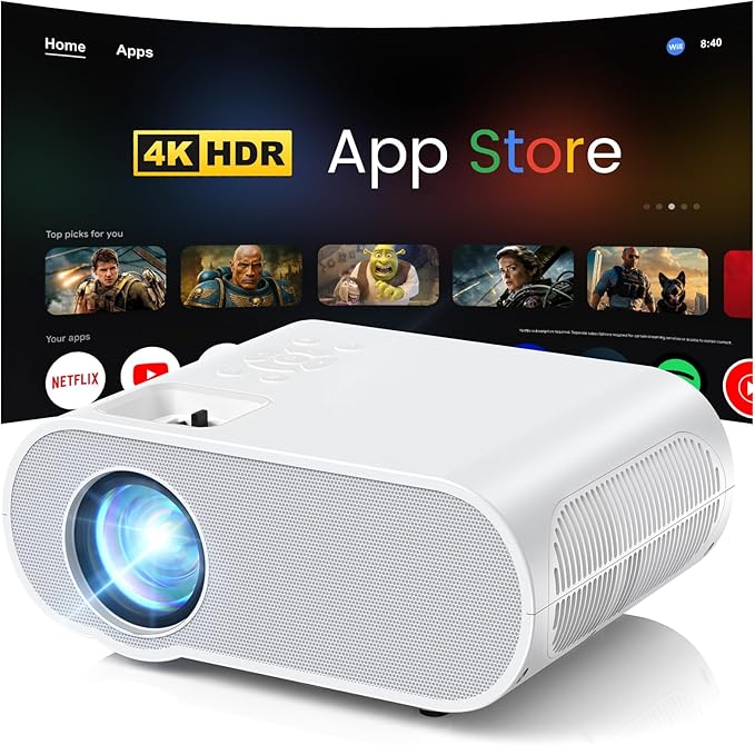 2500 ANSI Smart Projector, HOMPOW 4K Projector with WiFi and Bluetooth, Mini Projector, Built-in Streaming System, Projector with Apps, G.o.o.g.le Outdoor Projector, Home Projector for iOS/Android