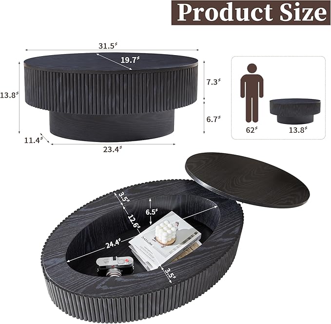 Oval Coffee Table with Hidden Storage, 31.5 Inch Wide Modern Coffee Table, Center Table with Fluted Veneered, Accent Tea Table for Small Space Living Room Apartment (Black)