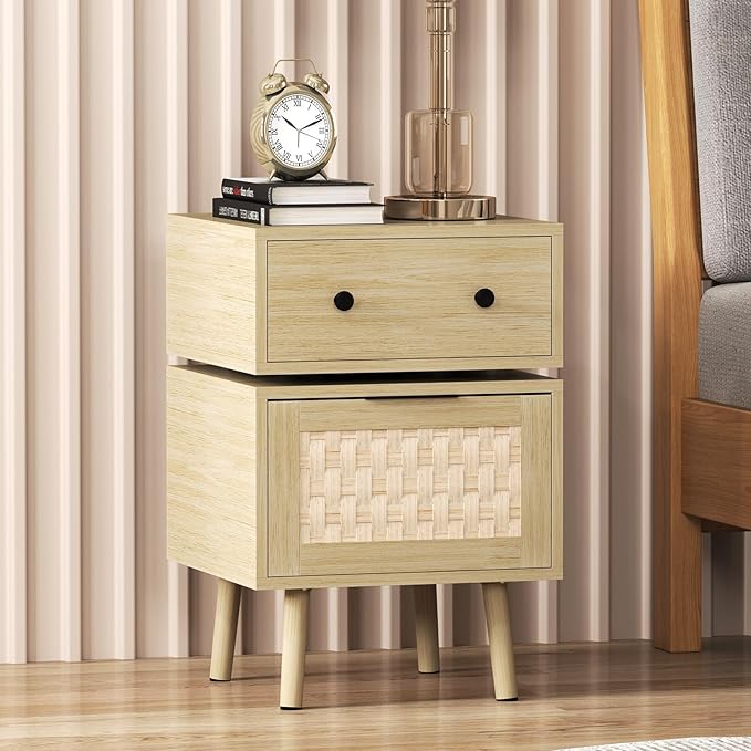 Bonzy Home Nightstand with Storage, 23" Side Table with Woven Doors, Bedside Table with 360° Rotating for Living Room, Bedroom, Oak
