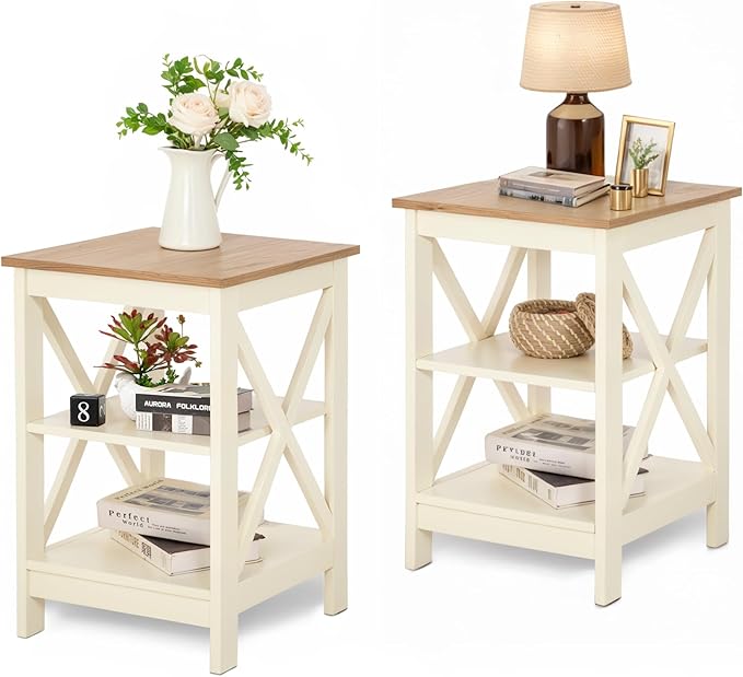 MAISON ARTS End Tables, Farmhouse Nightstand Set of 2, Small Side Table Living Room 3-Tier Modern Bed Side Table Nightstands for Bedroom, Sofa End Tables Set, Ivory White
