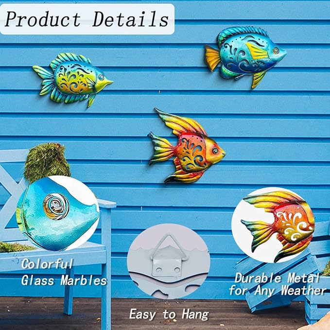 Weibefee Coastal Wall Decor, Ocean Sea Metal Fish Wall Christmas Decor, Hanging Wall Art Christmas Decorations Gift for Indoor Outdoor, Beach Nautical Tropical Fish Wall Sculpture for Pool Bathroom Bedroom Patio