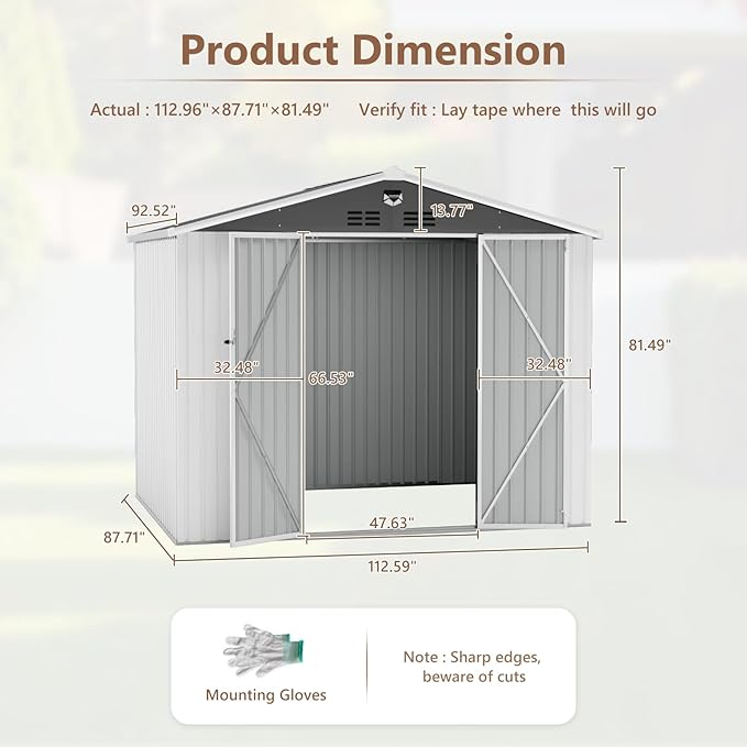 10x8 FT Outdoor Storage Shed, Metal Sheds & Outdoor Storage, Waterproof Sheds with Lockable Doors for Backyard (White, No Window)