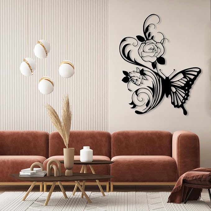 RUNBOAT Metal Flower Butterfly Wall Art - Butterfly And Flowers Wall Decor, Floral Wall Sculpture for Living Room, Bedroom (Silver, 24x19in|60x49cm)