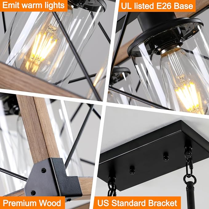 Rustic Hanging Lights Fixture Farmhouse Chandeliers for Dining Room Kitchen Island Light Fixtures 5-Light Wood Chandelier Over Dining Table with Clear Glass Shade-Oak