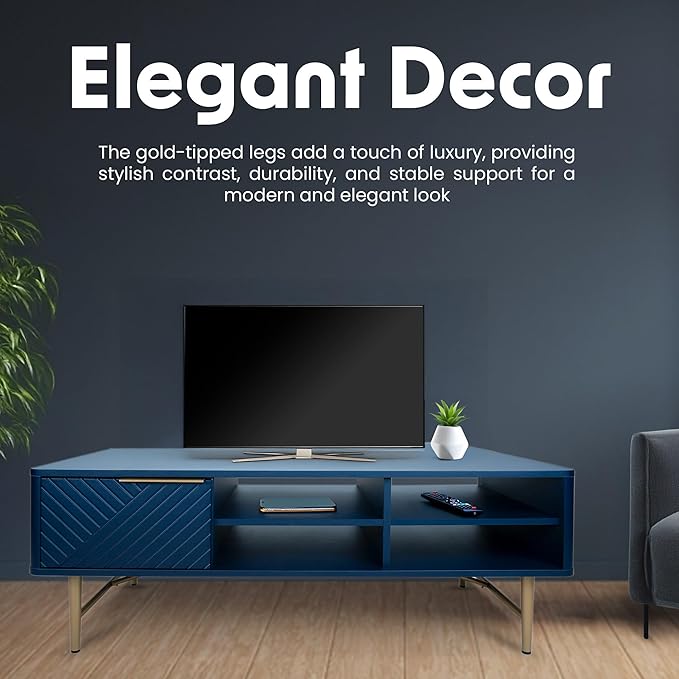 Modern Coffee Table with Storage - Dark Blue Matte Finish with Gold-Tipped Legs, Square Coffee Table for Living Room and Farmhouse with Storage Compartment and Adjustable Shelves