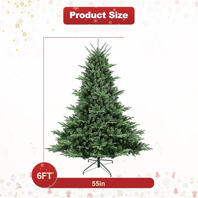 Full Realistic Christmas Tree, 6ft Artificial Christmas Tree with 1610 PE&PVC Flame-Retardant Tips, Unlit Spruce Christmas Tree, Auto Hinged Faux Xmas Tree for Home Office Holiday Decor