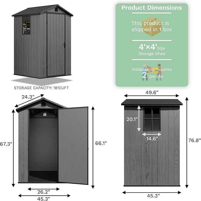 Greesum 4x4FT Plastic Storage Shed with Floor, Resin Outdoor Storaged Sheds with Lockable Door, All Weather Durable Tool Shed with Window and Vent, for Garden, Backyard, Patio, Dark Gray