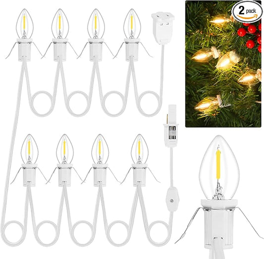 1Pack Accessory Cord with 8LED Light Bulbs and Outlet Christmas Village Light 14.7FT White Cord with Spare Fuse Warm White C7 Lamp Christmas Village Accessories for Village Houses Craft Decoration