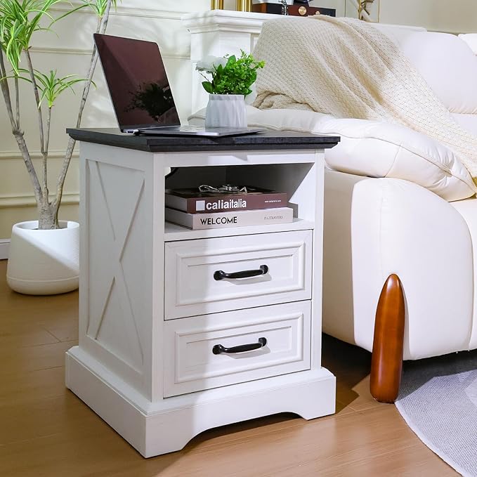 ALBAD Farmhouse Nightstand with Charging Station Rustic Bedside Table with 2 Drawers and Cubby Storage End Table with Metal Handle for Bedroom Office, Antique White