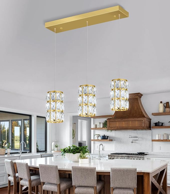 3-Lights Rectangle Modern Crystal Pendant Lights for Kitchen Island LED Dimmable Glam Pendant Lighting Chandelier for Dining Room Hallway Corner Lamp Gold