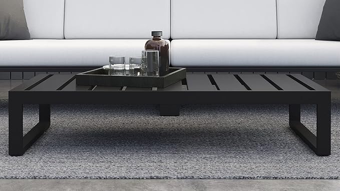 Modern Kore Outdoor Retangular Coffee Table with Powder Coated Aluminum Frame in Black