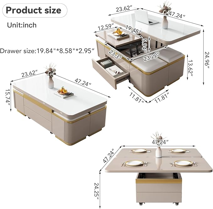 Lift Top Coffee Table with 4 Storage Stools for Living Room, Modern Stylish Convertible Dining Table for 4-6 People, 3 in 1 Multi-Functional Coffee Table, Easy Assembly- White