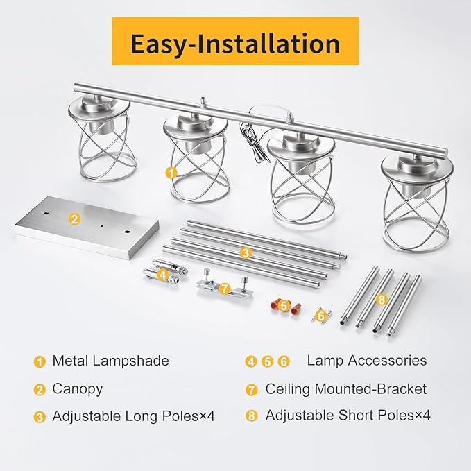 Kitchen Island Light, 4-Light Dining Room Lighting Fixtures Hanging, Farmhouse Linear Pendant Light for Kitchen Island Table Living Room with Adjustable Rods, Brushed Nickel