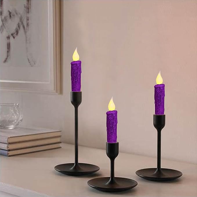 CVHOMEDECO. Glitter Flameless Candles Flickering Battery Operated LED Taper Candles with Timer for Home, Wedding, Halloween, Christmas Decor. Purple, 4-3/4 Inch, Set of 6
