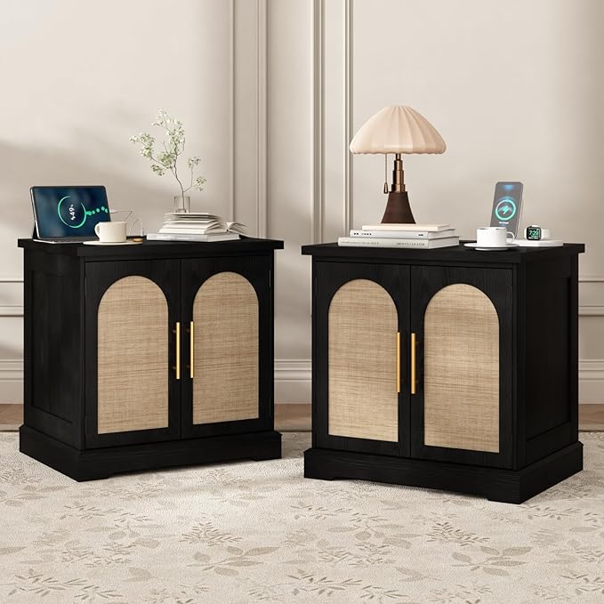 Rattan End Table with Charging Station, 24" Large Sofa Side Table with 2 Arched Doors, Boho Wood Square Nightstand Bedside Tables with Adjustable Storage Shelf for Living Room, Bedroom