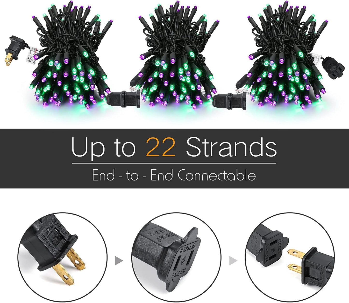 Brizled Purple & Green Halloween Lights, 33ft 100 LED Halloween String Lights 5mm Wide Angle String Lights, 120V UL Certified Connectable Halloween Lights Outdoor for Party Halloween Decor, Black Wire