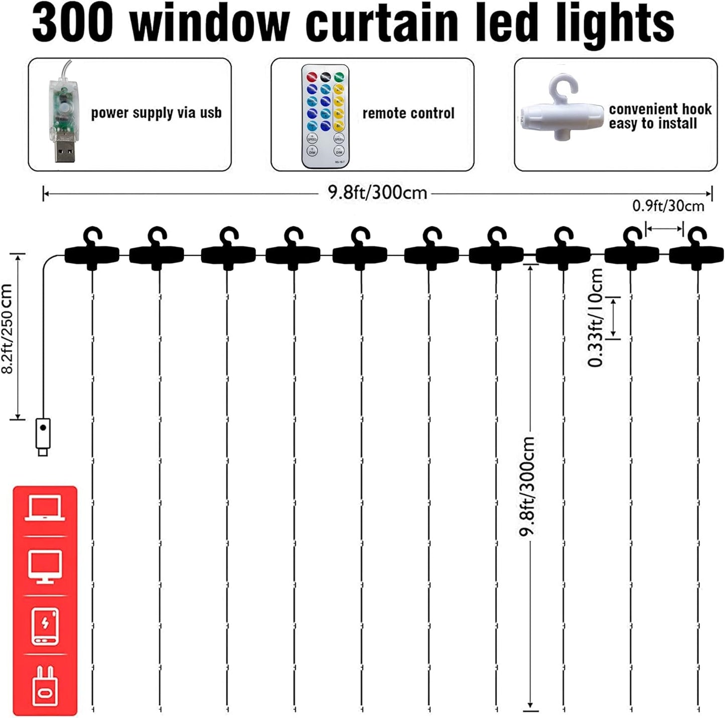 Dazzle Bright Curtain String Lights, 300 LED 9.8ft x9.8ft Warm White Fairy Lights with 8 Lighting Modes, Waterproof Lights for Bedroom Christmas Party Wedding Home Garden Wall Decor