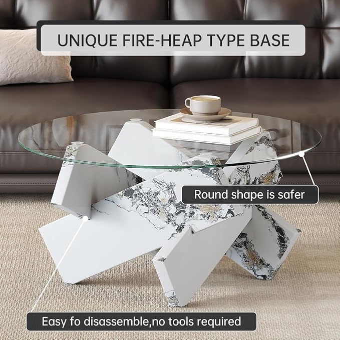 White Round Glass Coffee Table,33-Inch Coffee Tables for Living Room Clear Circle Accent Table Adapts to Farmhouse and Contemporary Decor