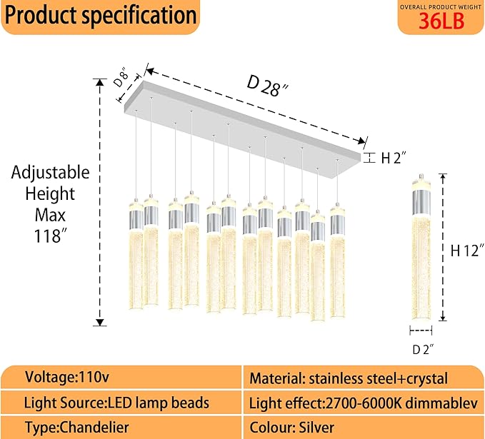 Glam Rectangular Crystal Column Chandelier for High Ceiling 12-Lights Silver LED Dimmable Pendant Light for Kitchen Island Dining Room Entrance Foyer Living Room Adjustable Height