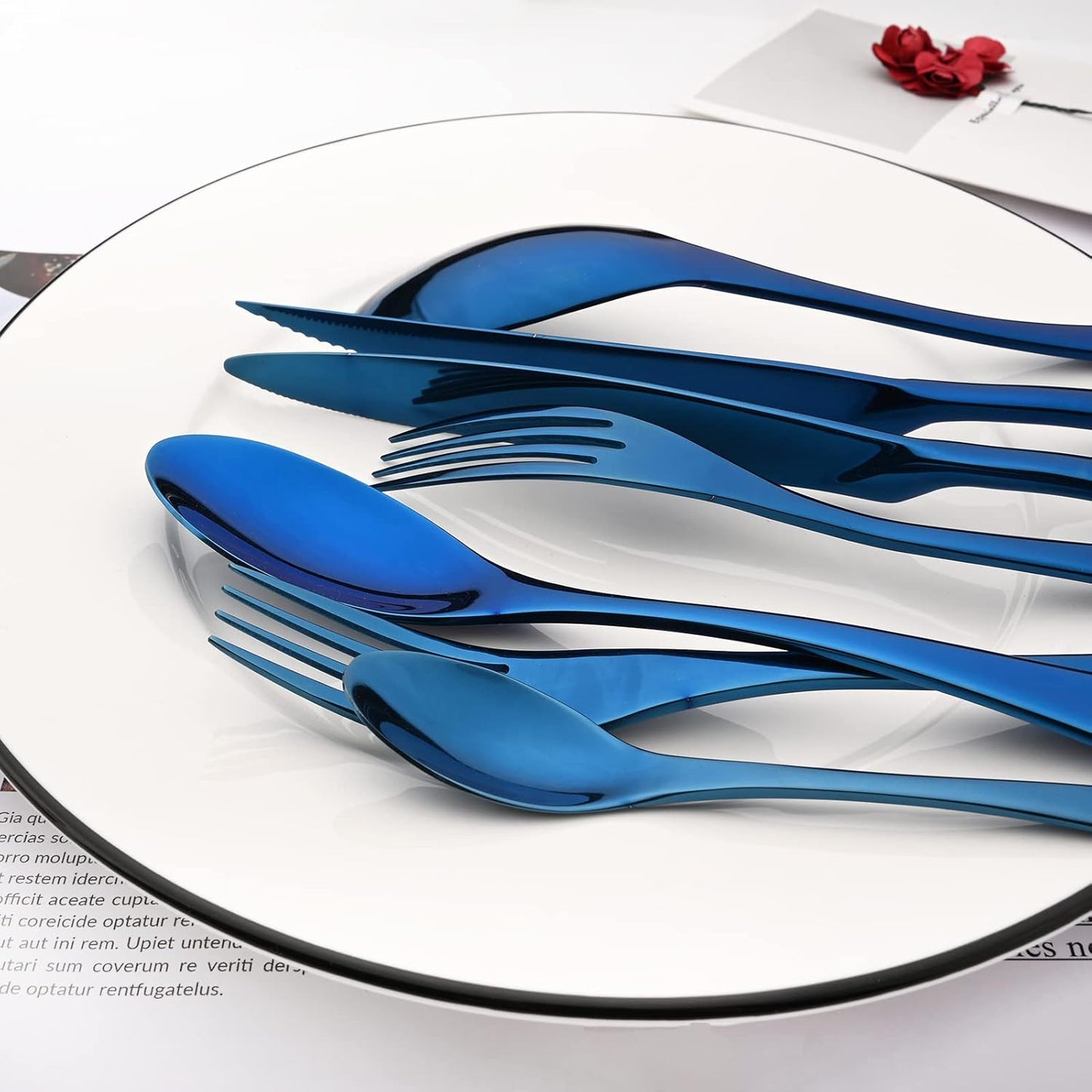 24-Piece Blue Flatware, Mirror 18/10 Stainless Steel Modern & Luxury Dinnerware Set With Serrated Steak Knife Teaspoon For Daily Use or Dinner Party Restaurant - Service For 4
