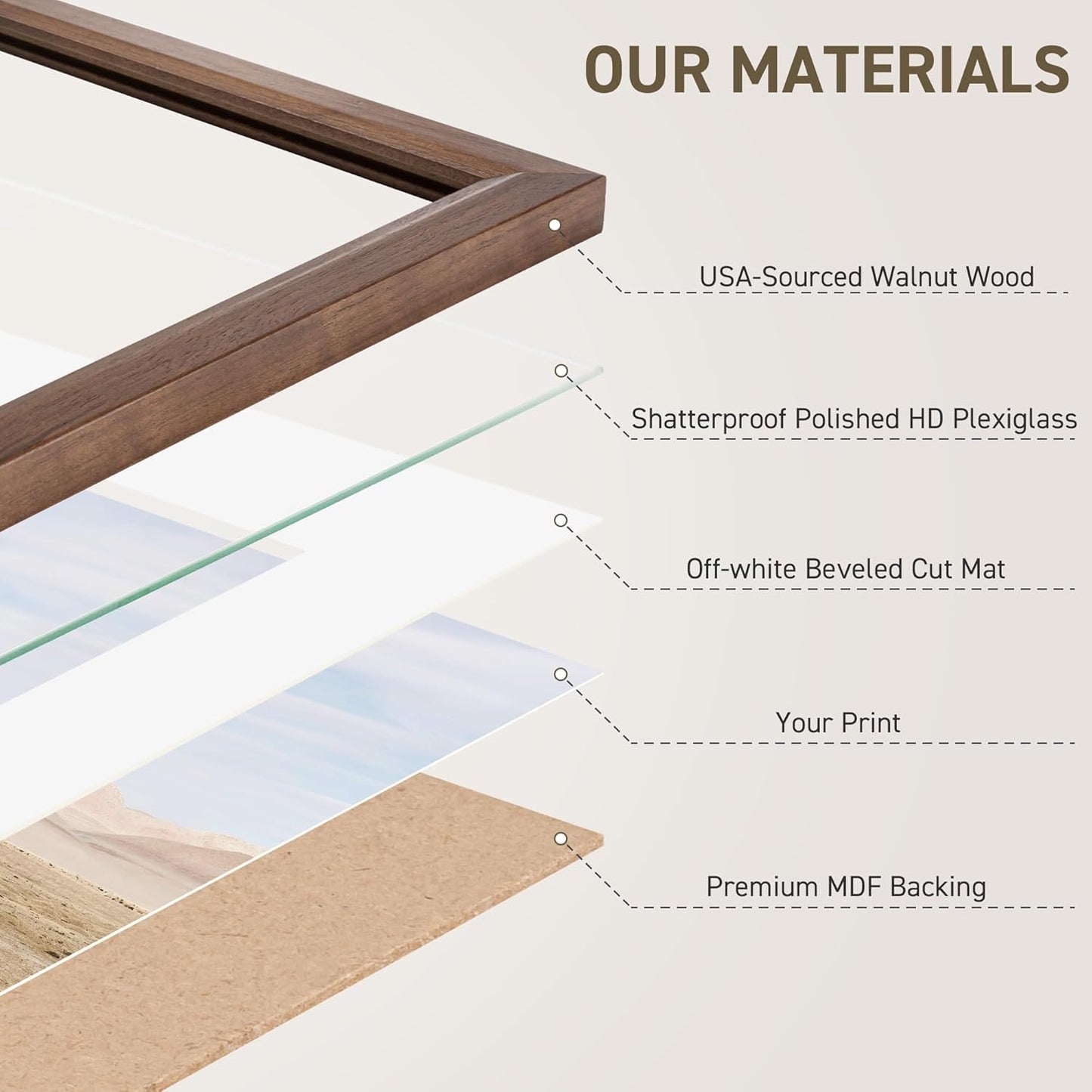 8x10 Picture Frame Set of 4 Natural Solid Walnut Photo Frames with 5x7 Removable Mat Wall Hanging Large Handcrafted Frame with HD Plexiglass Wall and Tabletop Display Large Poster Frame