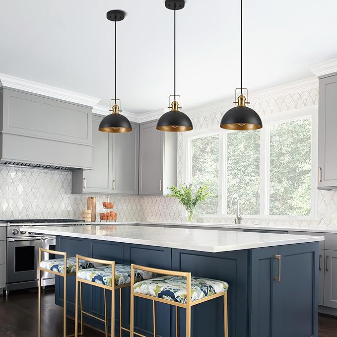12 Inch Pendant Lights for Kitchen Island Matte Blacks Farmhouse Pendant Light fixtures Adjustable Height Dome Hanging Light for Dinning Room Bedroom Hallway,3 Packs