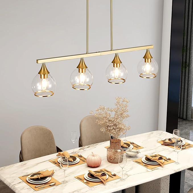 Island Light for Kitchen, 4-Light Gold Kitchen Island Linear Hanging Pendant Chandeliers, Brushed Gold Dining Room Light Fixture Over Table with Clear Round Glass Shades