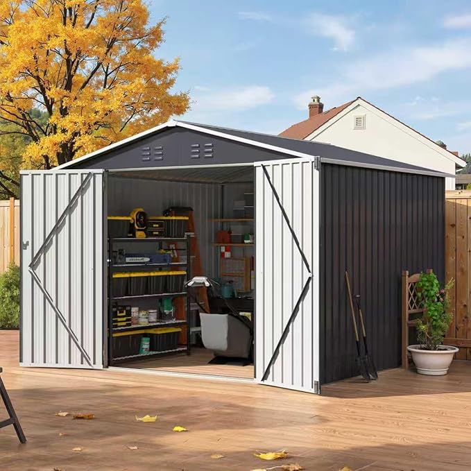8x8 FT Outdoor Storage Shed, Garden Shed with Updated Frame Structure and Lockable Doors, Metal Tool Sheds for Backyard Garden Patio Lawn, Gray