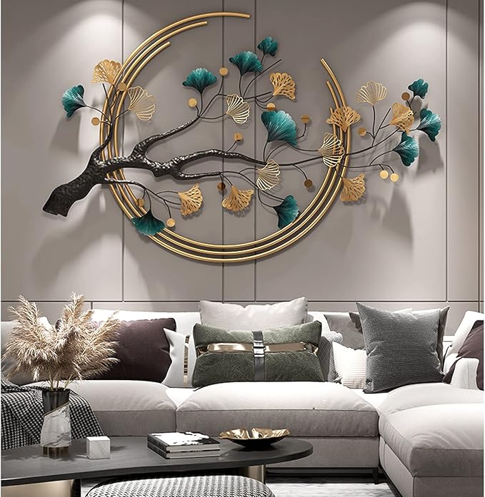 Futyli Large Metal Wall Art - 3D Modern Wall Sculptures, Vertical 53" Ginkgo Leaf Art for Living Room, Dining Room, Bedroom