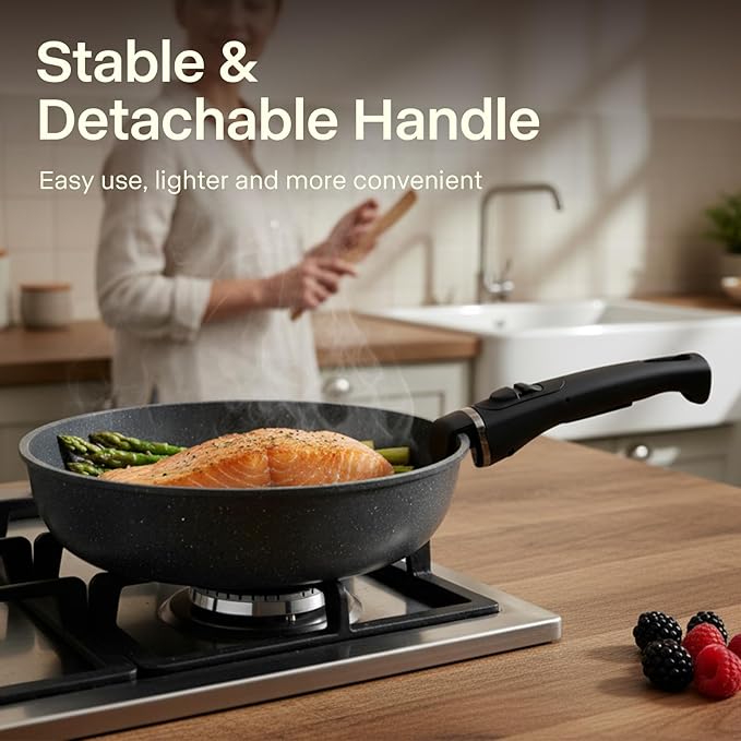 Pots and Pans Set Non Stick, Ceramic Cookware Sets 21 PCS, Granite Induction RV Kitchen Portable Stackable Cooking Set Removable Handles, Dishwasher ＆ Oven Safe, Black