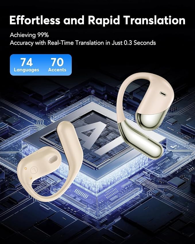 EUQQ AI Translation Earbuds 144 Languages, Real-Time Language Translator Earphones, Open Ear Bluetooth 5.4 Headset for Travel Business Language Learning