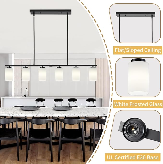 6-Light Island Lights for Kitchen Pendant Lighting Over Island Black Dining Room Light Fixtures Over Table, 45.27'' Modern Farmhouse Large Chandeliers with Milky Glass Shade