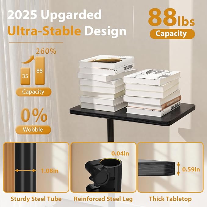 TV Tray Table, Adjustable C Shaped Side Table for Couch, 360°Swivel Couch Side Table C Table That Slide Under Couch Desk for Small Space Sofa Bed Snack Living Room Bedroom (Black)